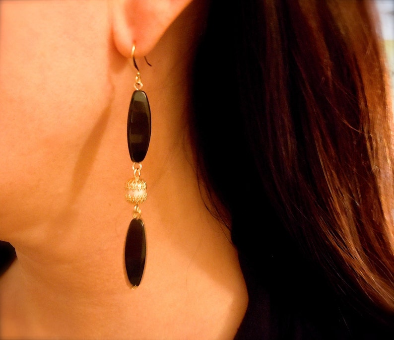 Geisha Black Onyx and Freshwater Pearl Long Statement Earrings image 4