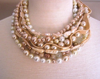 Madame Butterfly -- Freshwater pearls, Swarovski pearls, Pineapple Quartz, Sunstone Gemstone, Silk Ribbon Statement Necklace