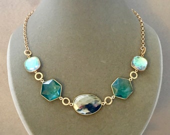 Tenerife II -- One of a Kind -- Pyrite, Aqua Quartz, and Mystic Quartz Connector Necklace