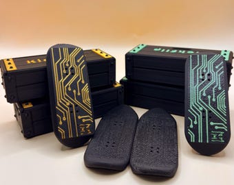 Cyberpunk PCB Kickflip Fidget Skateboard with Display Crate