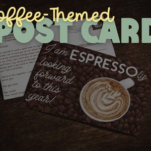 postale excitée expresso-ly | carte de bienvenue pour conseiller scolaire sur le thème du café | Note de rentrée pour les étudiants