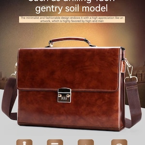May include: A brown leather briefcase with a combination lock and a shoulder strap. The briefcase has a top handle and a flap closure.