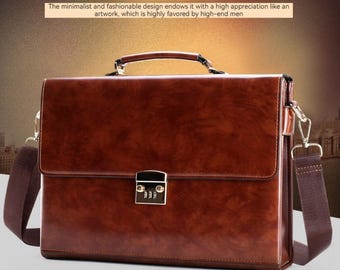 Leather Laptop Briefcase: Combination Lock, Detachable Strap