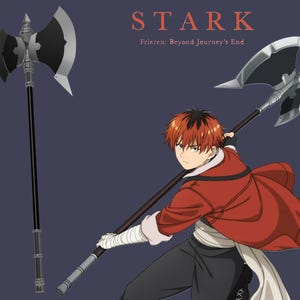 May include: An illustration of a character from "Frieren: Beyond Journey's End" with a large battle axe. The axe has a black blade and silver details. The character is wearing a red coat and black trousers. The word "STARK" is displayed at the top.