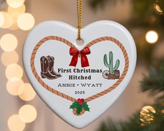 1e kerst getrouwd westerse stijl gepersonaliseerde kerstornament, rustiek hartvormig touw, op maat gemaakt vakantiecadeau, huwelijkscadeau