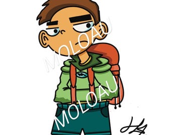Cartoon boy in green clothes and backpack