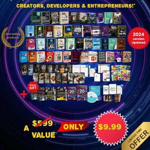 Pode incluir: Um gráfico colorido com um design circular que apresenta uma variedade de produtos digitais, incluindo software de edição de vídeo, modelos de design gráfico e recursos de marketing de mídia social. O texto "LANÇAR E ESCALAR SEU NEGÓCIO COM" está no topo do gráfico, e o texto "O PACOTE DE DOMÍNIO DIGITAL DEFINITIVO 20.000.000 DE RECURSOS PREMIUM PRONTOS PARA USO PARA CRIADORES, DESENVOLVEDORES E EMPREENDEDORES!" está abaixo. O texto "UM VALOR DE 599 € APENAS 9,99 € OFERTA POR TEMPO LIMITADO" está na parte inferior do gráfico.