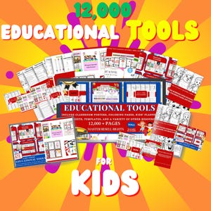 Könnte beinhalten: Eine lebendige Grafik, die Lernmaterialien für Kinder bewirbt. Das Bild zeigt verschiedene Lernmaterialien, darunter Poster, Malvorlagen und Planer. Der Text enthält "Educational Tools", "12.000+ Seiten" und "For Kids".