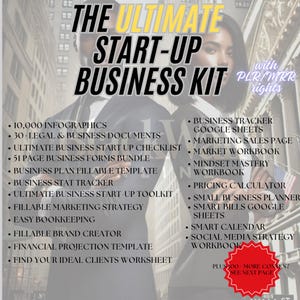 May include: A black and white image with text that reads "The Ultimate Start-Up Business Kit with PLR/MRR rights". The image lists various business resources, including infographics, legal and business documents, checklists, forms, templates, and marketing materials.
