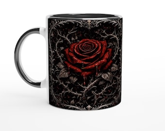 Dark Elegance Schwarze Rose Tasse – Gothic Art Kaffeetasse – Beidseitig bedruckt – Dunkle Ästhetik – Keramik 325 ml – Gothic Geschenk