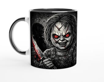 Das Spiel, das nie endet – Horror-Tasse mit Mörderpuppen-Archetyp | Beidseitig bedruckt | Legenden der Finsternis