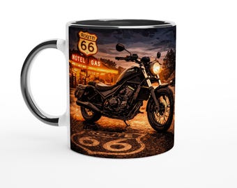 Route 65 Motorrad Tasse – Klassischer Cruiser im Sonnenuntergang | Kaffeebecher für Biker, Geschenk für Männer, Motorrad Romantik