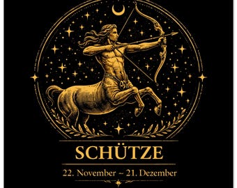 Sternzeichen Schütze Wandbild – Fine Art Zodiac Wall Art – Astrologie Kunstdruck – Schütze Poster Schwarz Gold – Sternzeichen Geschenk