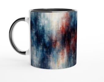 Moderne Abstraktionsserie – Künstlerische Keramik-Tasse mit abstraktem Farbspiel in Blau & Rostrot | Design-Tasse für Kunstliebhaberinnen