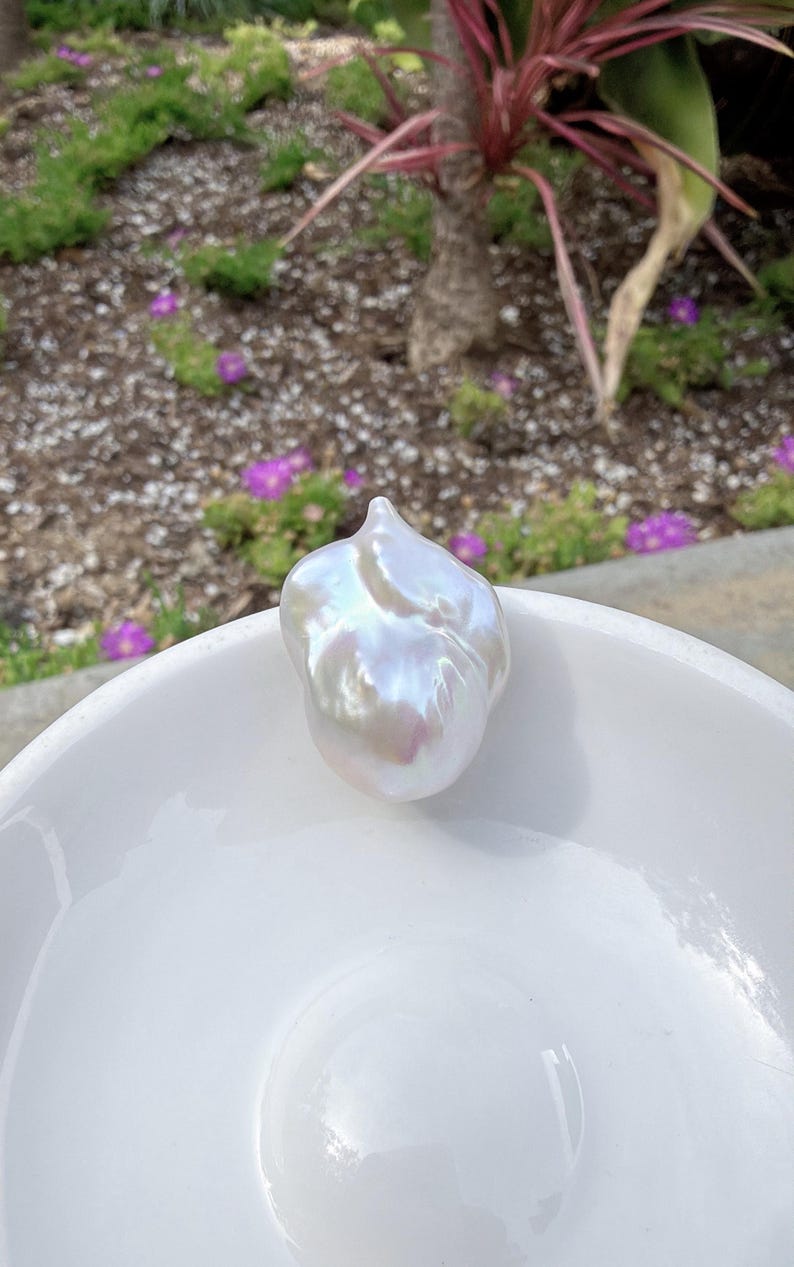 Puede incluir: Una gran perla barroca iridiscente con brillo nacarado descansa en un cuenco de cer&aacute;mica blanco. La superficie de la perla refleja un espectro de colores. El fondo presenta vegetaci&oacute;n y flores moradas.