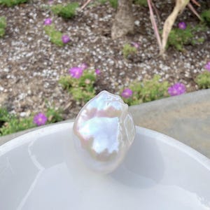 Puede incluir: Una perla blanca grande, de forma irregular, con reflejos iridiscentes de color rosa, azul y amarillo. La perla descansa en un cuenco blanco y poco profundo. El fondo presenta follaje verde y peque&ntilde;as flores moradas.