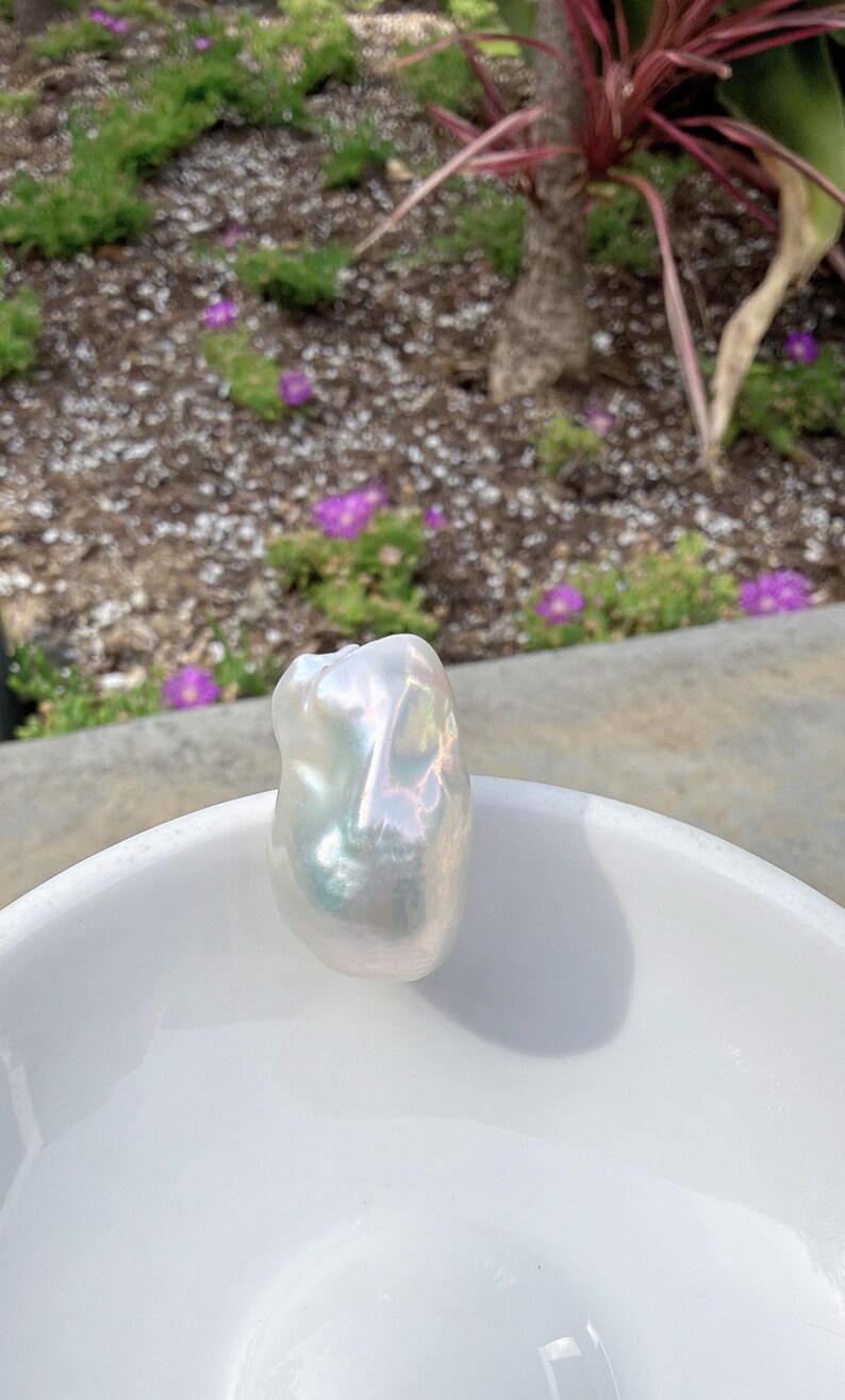 Puede incluir: Una gran perla barroca iridiscente descansa en un cuenco blanco. La perla tiene una forma irregular y suave y refleja un espectro de colores. El fondo est&aacute; borroso, mostrando vegetaci&oacute;n y flores moradas.