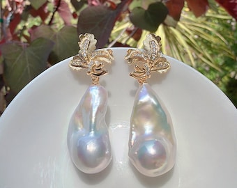 Mirror like Luster Baroque Pearl Earrings: 18K Gold Plated |Wedding Jewelry