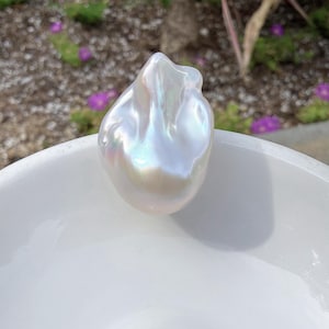 Puede incluir: Una gran perla barroca iridiscente con una superficie lisa y brillante. La perla est&aacute; en un cuenco blanco poco profundo. Los colores de la perla cambian de blanco a rosa p&aacute;lido y azul. El fondo muestra follaje verde y flores moradas.