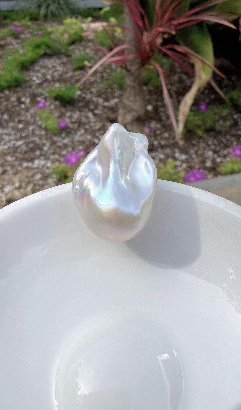 Puede incluir: Una gran perla barroca iridiscente con una superficie lisa y brillante. La perla est&aacute; en un cuenco blanco poco profundo. Los colores de la perla cambian de blanco a rosa p&aacute;lido y azul. El fondo muestra follaje verde y flores moradas.