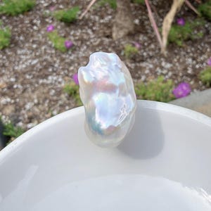 Puede incluir: Una perla blanca grande, de forma irregular, con colores iridiscentes. La perla se encuentra sobre una superficie de cer&aacute;mica blanca, con un fondo borroso de plantas verdes y flores moradas.