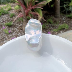 Puede incluir: Una gran perla barroca iridiscente descansa en un cuenco de cer&aacute;mica blanca. La perla tiene una superficie lisa y brillante con una gama de colores. El cuenco es sencillo y elegante, con un acabado brillante. El fondo presenta plantas verdes.