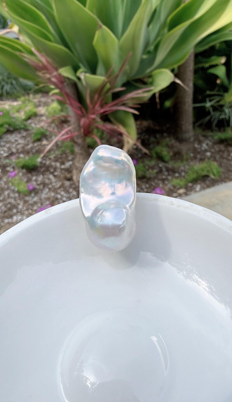 Puede incluir: Una gran perla barroca iridiscente descansa en un cuenco de cer&aacute;mica blanca. La perla tiene una superficie lisa y brillante con una gama de colores. El cuenco es sencillo y elegante, con un acabado brillante. El fondo presenta plantas verdes.