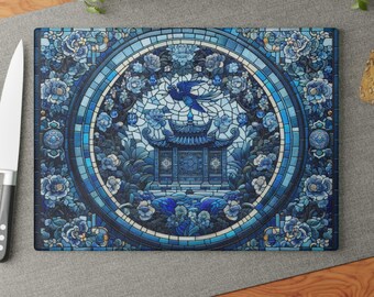 Chinoiserie Glass Cutting Board, Housewarming Gift, Kitchen Decor, Floral Cutting Board, Unique Serving Tray