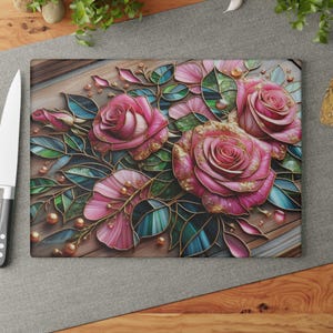 Pink Roses Glass Cutting Board, Floral Kitchen Decor, Housewarming Gift, Glass Chopping Board, Cooking Accessory, Flower Design Cutting
