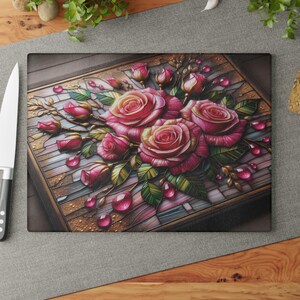 Pink Roses Glass Cutting Board, Floral Kitchen Decor, Housewarming Gift, Glass Chopping Board, Cooking Accessory, Flower Design Cutting