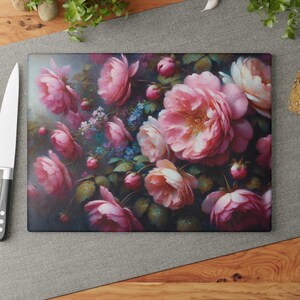 Pink flowers Glass Cutting Board, Floral Kitchen Decor, Botanical Glass Chopping Board, Gift for Cook, Housewarming Present, Cooking Gift