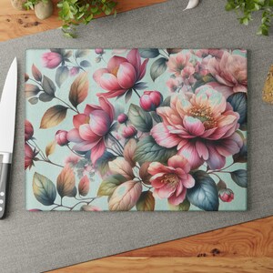 Pink Flowers Glass Cutting Board, Floral Kitchen Decor, Housewarming Gift, Flower Lover Present, Cutting Board Gift