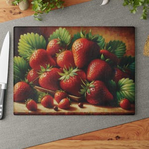 Strawberries Cute Glass Cutting Board - Fruit Kitchen Decor, Foodie Gift, Glass Cheese Board, Housewarming Present, Chef Cooking Tool