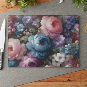 Pink flowers Glass Cutting Board, Floral Kitchen Decor, Botanical Glass Chopping Board, Gift for Cook, Housewarming Present, Cooking Gift