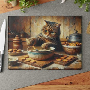 Cat Baking Biscuits Tempered Glass Cutting Board: Kitchen Decor