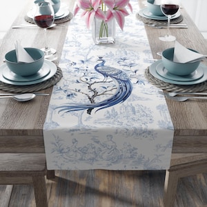 Chinoiserie Table Runner - Home Decor Dining Room Cotton Poly Fabric, Oriental Floral Design, Table Linens, Kitchen Table Decor, Chinese