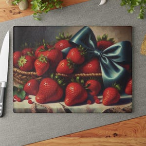 Strawberries Cute Glass Cutting Board - Fruit Kitchen Decor, Foodie Gift, Glass Cheese Board, Housewarming Present, Chef Cooking Tool