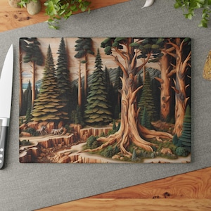 Forest Carved Glass Cutting Board - Nature Kitchen Decor, Woods Design Cheese Board, Cabin Gift, Tree Lover Housewarming, Rustic Home Accent