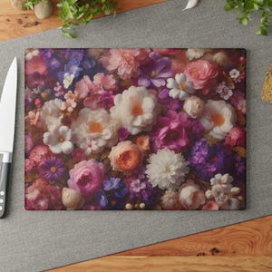 Pink flowers Glass Cutting Board, Floral Kitchen Decor, Botanical Glass Chopping Board, Gift for Cook, Housewarming Present, Cooking Gift
