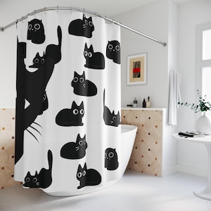Black Cat Shower Curtain - Cute Cat Print Bathroom Decor, Kitty Lover Gift, Cat Themed Home Decoration, Animal Lover Present, Unique Cat