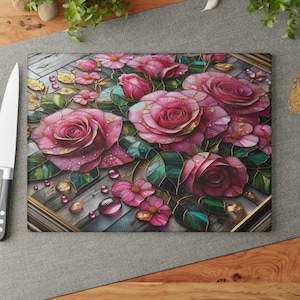 Pink Roses Glass Cutting Board, Floral Kitchen Decor, Housewarming Gift, Glass Chopping Board, Cooking Accessory, Flower Design Cutting