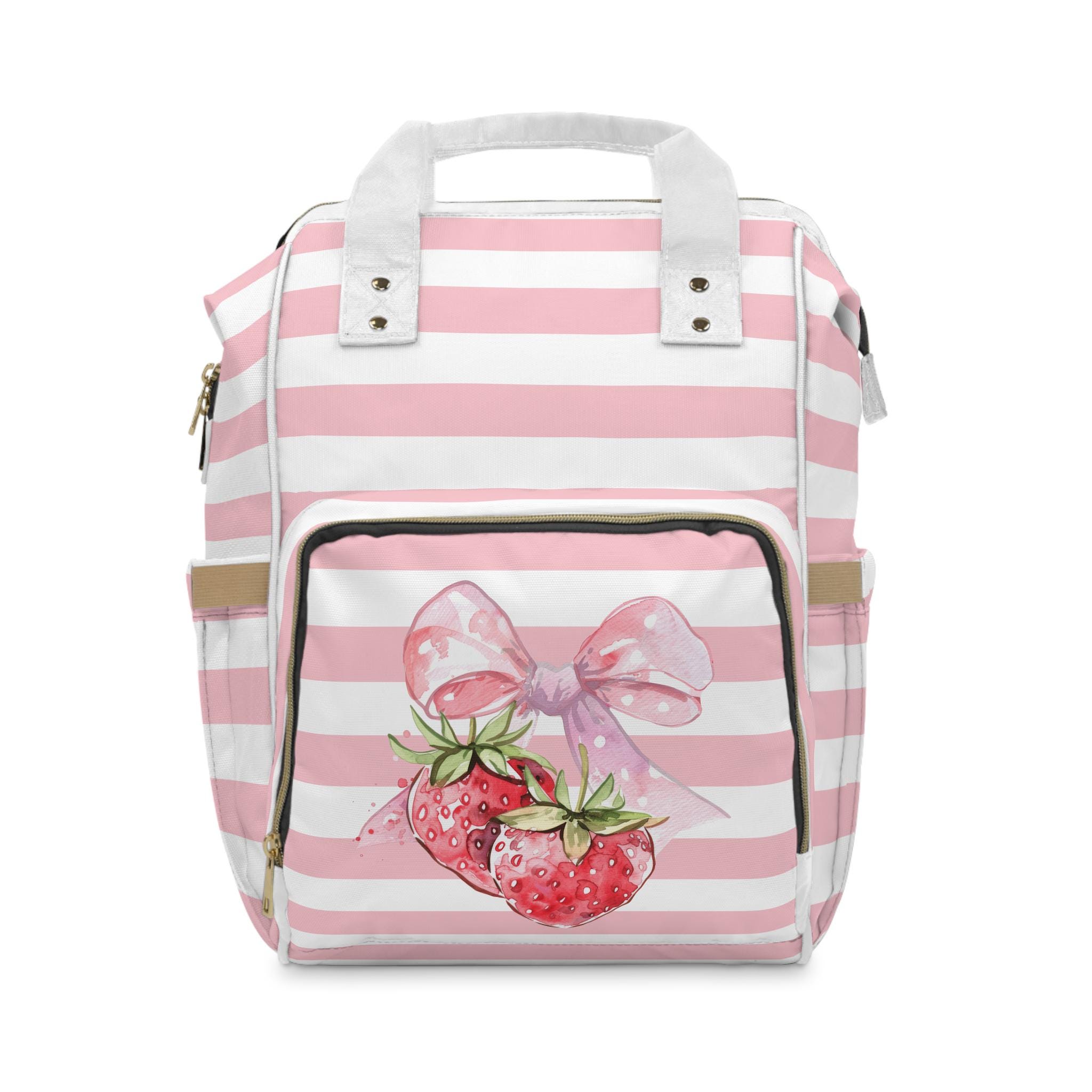 Coquette Strawberry Cute Diaper Backpack - Mom Gift, Multifunctional Baby Bag, Stylish Diaper Tote, Nursery Travel Organizer, Pink Floral