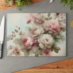 Pink Flowers Glass Cutting Board, Floral Kitchen Decor, Housewarming Gift, Flower Lover Present, Cutting Board Gift