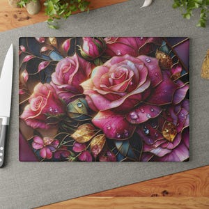 Pink Roses Glass Cutting Board, Floral Kitchen Decor, Housewarming Gift, Glass Chopping Board, Cooking Accessory, Flower Design Cutting
