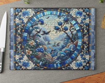 Chinoiserie Glass Cutting Board, Housewarming Gift, Kitchen Decor, Floral Cutting Board, Unique Serving Tray