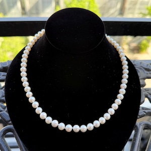 14k Vtg White Cultured Freshwater 7mm Pearl Yellow Gold Clasp 18in Silk Necklace | White Pearl Necklace | Pearl Bead Strand | Cultured Pearl