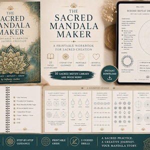 Könnte beinhalten: Das Arbeitsbuch The Sacred Mandala Maker, eine druckbare Anleitung für die heilige Schöpfung, hat ein türkis-goldenes Cover mit einem Mandala-Design. Enthält Schritt-für-Schritt-Anleitungen, druckbare Raster und eine Bibliothek mit 50 heiligen Motiven.