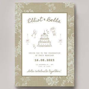 Rustieke huwelijksuitnodiging - elegant vintage bloemdessin - gepersonaliseerde huwelijksuitnodiging - digitaal of gedrukt