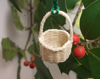 Dollhouse miniature hand woven basket, 1:12 scale, waxed linen, white