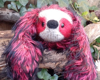 Sloth stuffed animal, hot pink and black fur plush, hand knit and felted, valentine gift